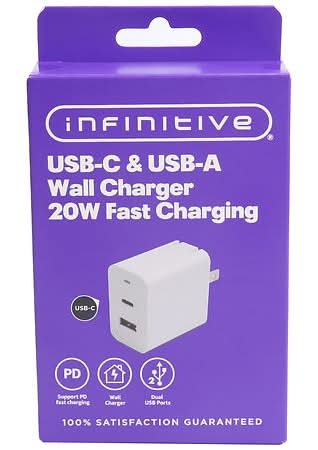 Infinitive Usb-C & Usb-A Wall Charger Fast Charging 20 W