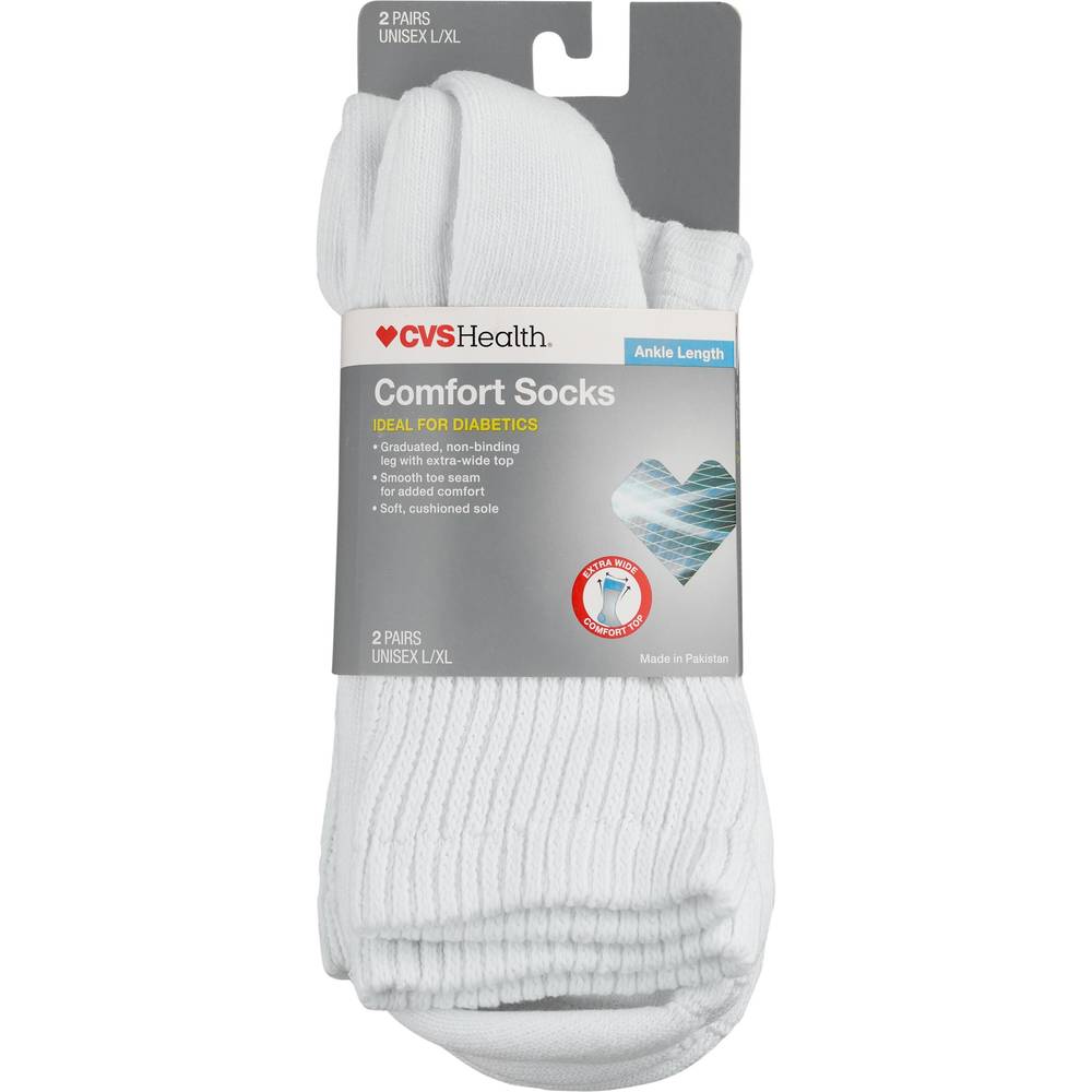 CVS Diabetic Comfort Socks Ankle Length Unisex, 2 Pairs, L/XL, White