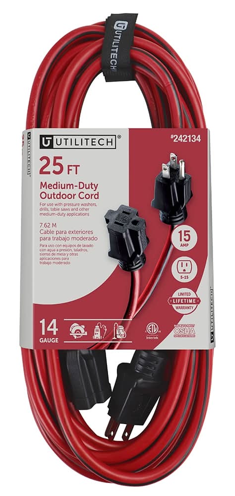 Utilitech 25-ft 14 / 3 Medium Duty 3 Prong Red and black Outdoor Extension Power Cord
