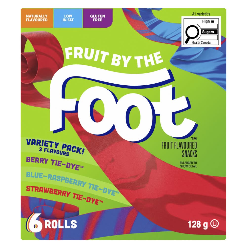 Fruit by the Foot Fruit Flavoured Snacks Variety pack, Strawberry-Blueberry-Raspberry (128 g, 6 ct)