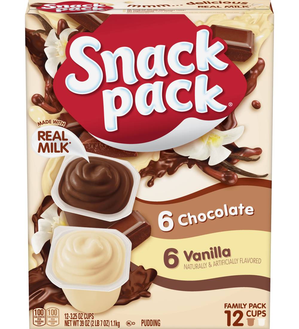 Snack Pack Pudding Family pack, Chocolate-Vanilla (39 oz, 12 ct)