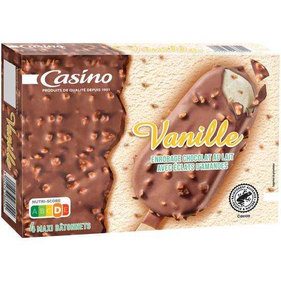 Casino Bâtonnets Glacés - Vanille - Enrobage Chocolat Au Lait Et Éclats D'Amandes - X4 - 4X78,5G