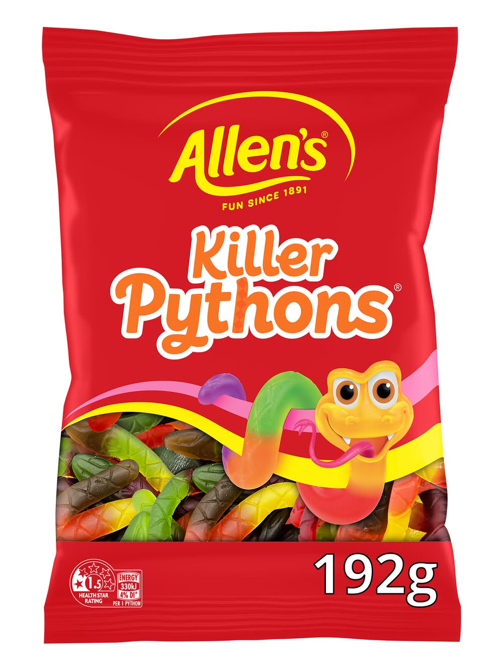 Allen's Killer Pythons Candy, Green Apple-Pineapple-Orange-Strawberry-Mixed Berry (192g)