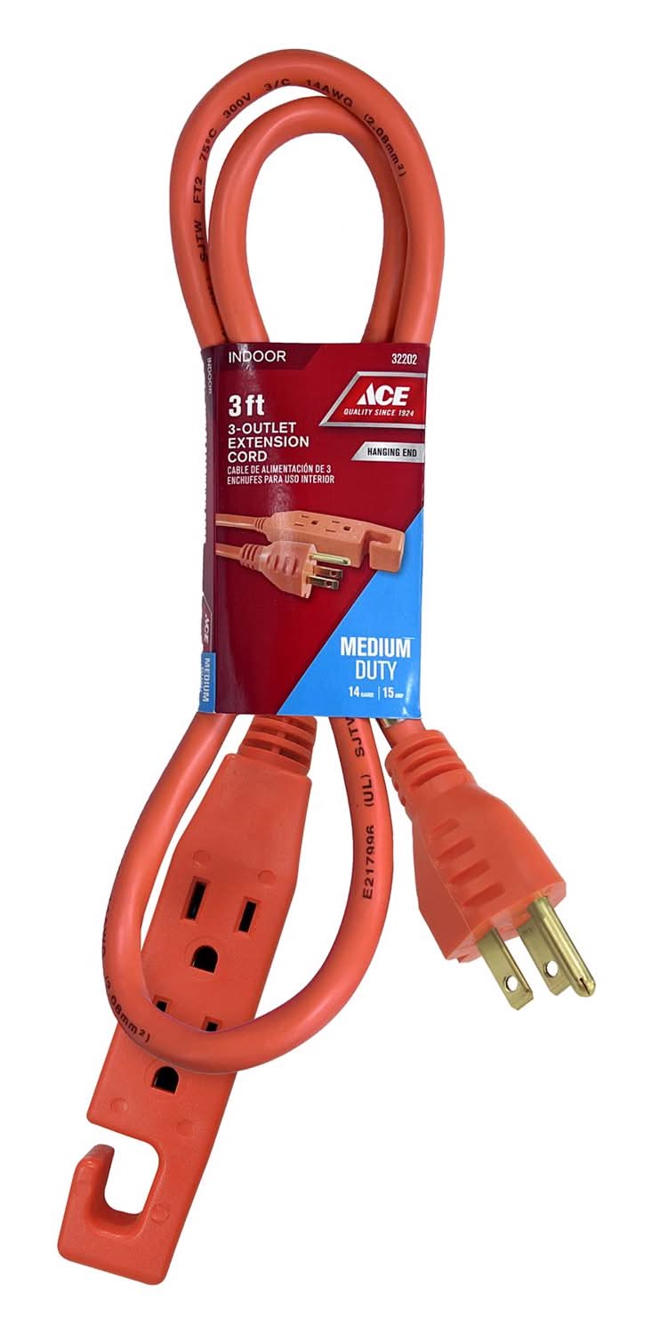 ACE Indoor 3 Ft. L Orange Triple Outlet Cord 14/3 Sjt
