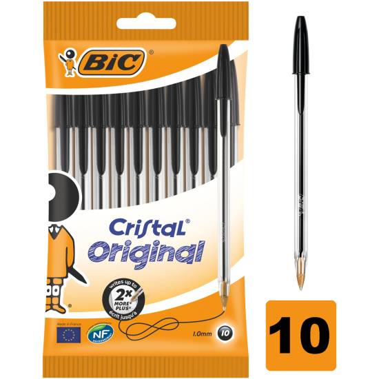Bic Cristal Original Ballpoint Pens Medium Point (1.0 mm) - Black, pack Of 10