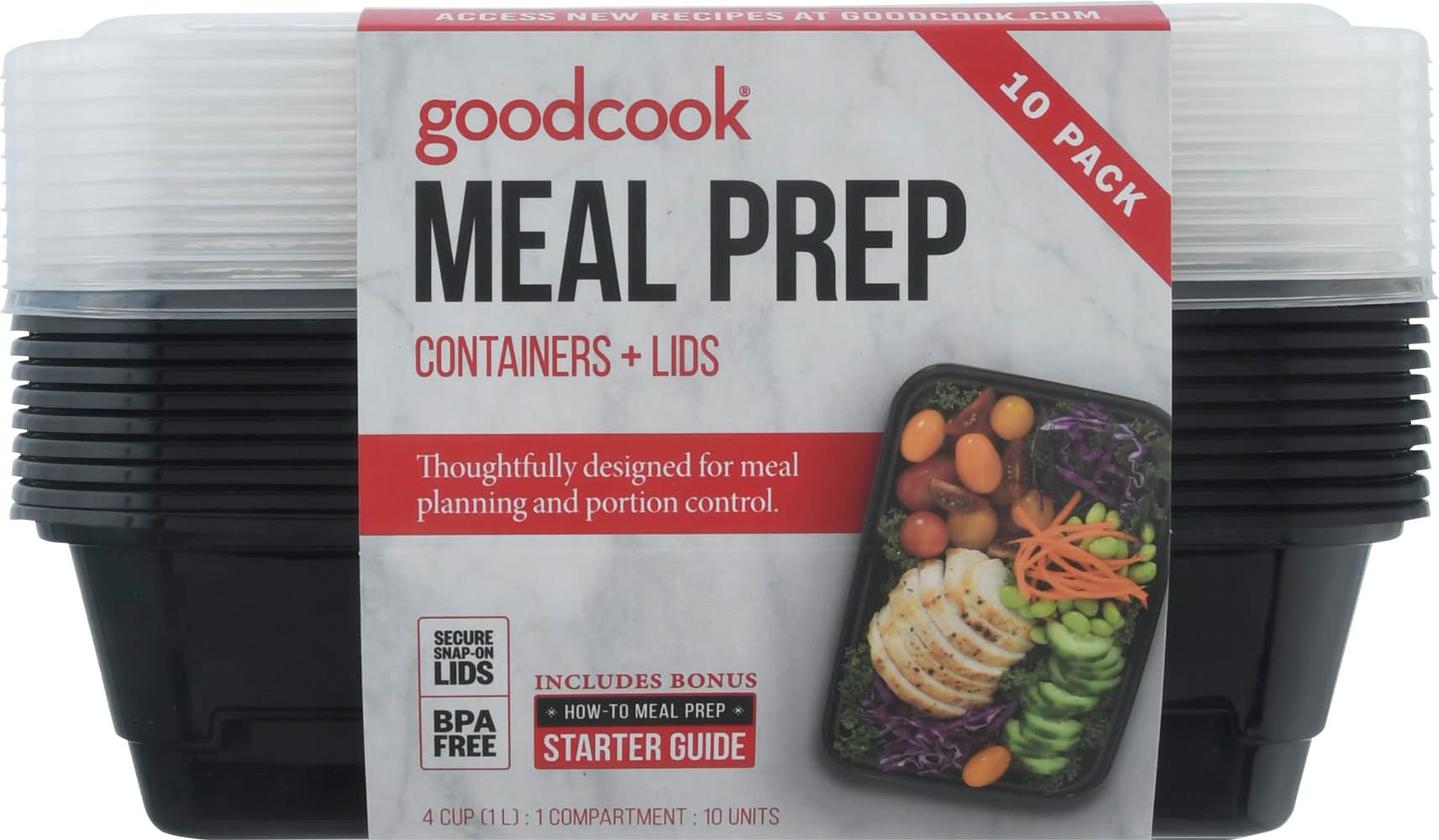 GoodCook Meal Prep Plastic Containers & Lids 1 Litter, Black-Clear (10 ct)