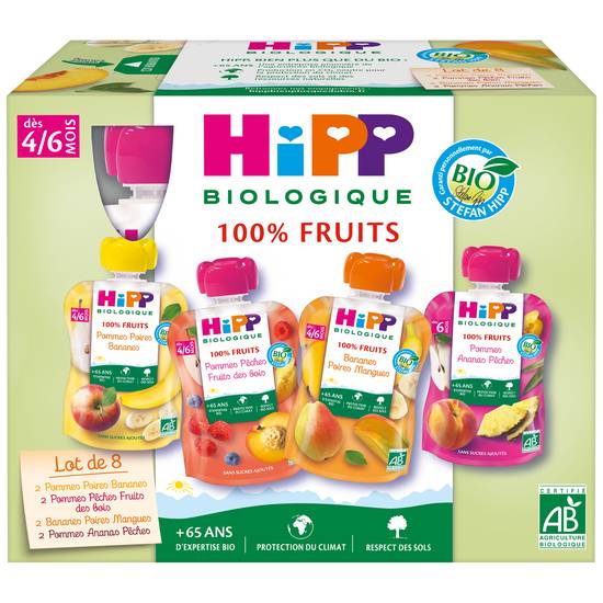Hipp Biologique - Compote bébé dès 4/6 mois gourdes multipack 4 variétés (8pièces)