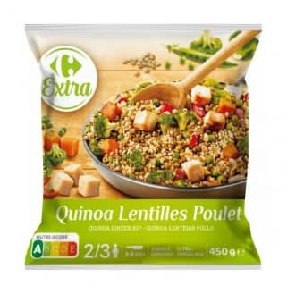 Salteado de quinoa y lentejas con verduras y pollo ultracongelado Extra Carrefour 450 g.