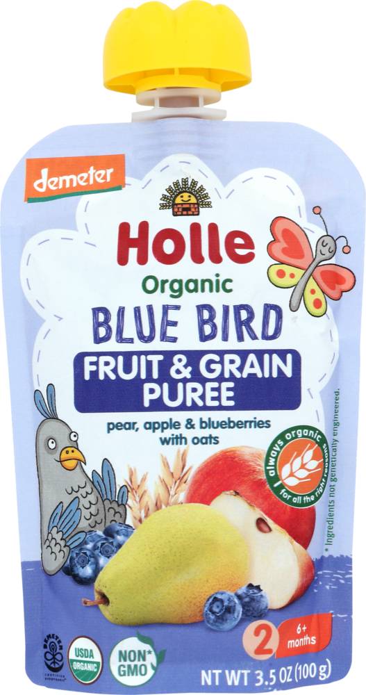 Holle 6+ Months Blue Bird Organic Fruit & Grain Puree Baby Food Pouches (3.5 oz)