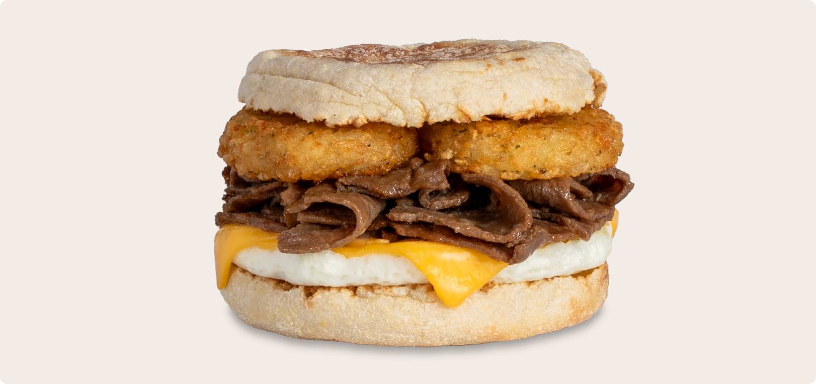 Steak, Egg, Cheese & Spuds on an English Muffin