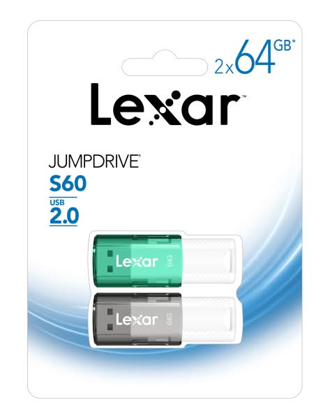 Lexar® JumpDrive® S60 USB 2.0 Flash Drives, 64GB, Black/Teal, Pack Of 2 Flash Drives, LJDS60-64GB2NNU