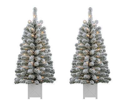 3.5' Flocked Pre-Lit Artificial Christmas Potted Trees, 2-Pack