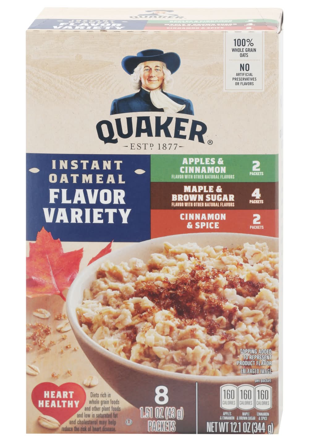 Quaker Instant Oatmeal Variety pack, Apple & Cinnamon-Maple & Brown Sugar-Cinnamon & Spice (8 x 1.51 oz)