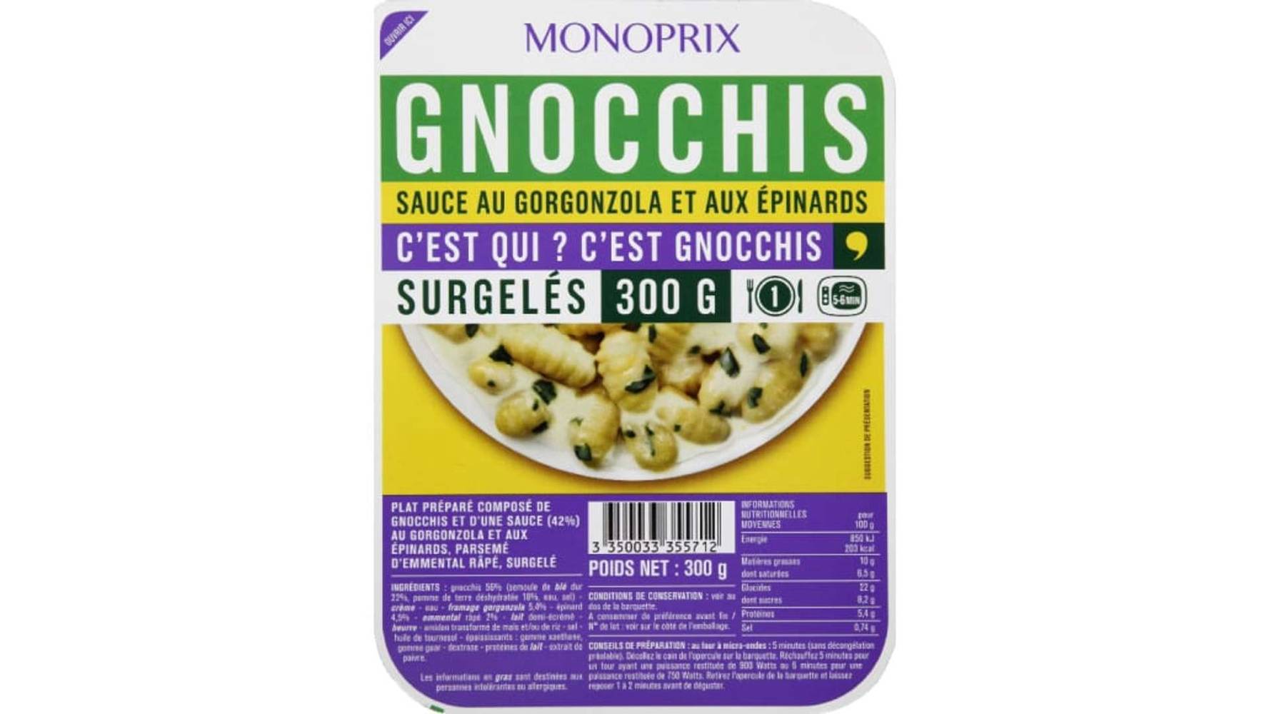 Monoprix Gnocchis sauce au gorgonzola et aux épinards, surgelé La barquette de 300g