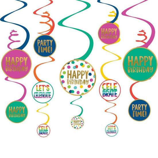 Multicolor & Metallic Gold Happy Dots Birthday Swirl Decorations, 12ct