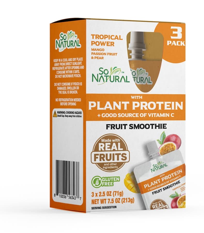 So Natural Tropical Power Plant Protein Fruit Smoothie, 3-pc Pack.