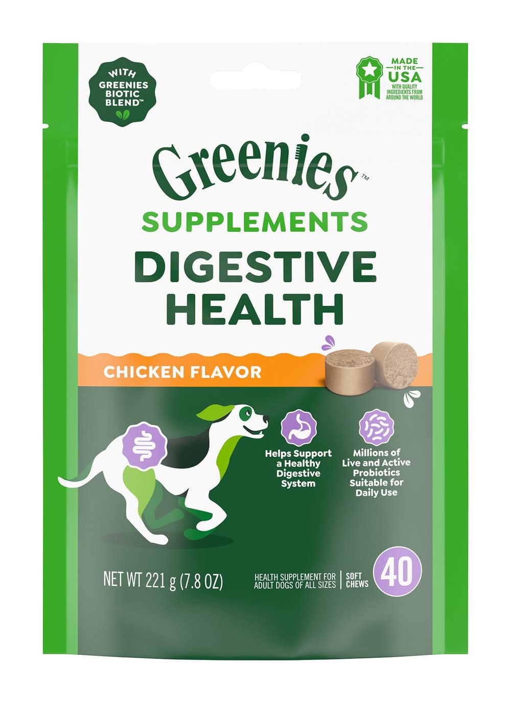 Greenies Dog Digestive Health Supplements, Active Probiotics, Chicken Flavor, 40-80 Count
