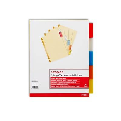 Staples Large Tab Insertable Dividers, 5-Tab, Assorted Colors, 4/Pack (13515/14481)