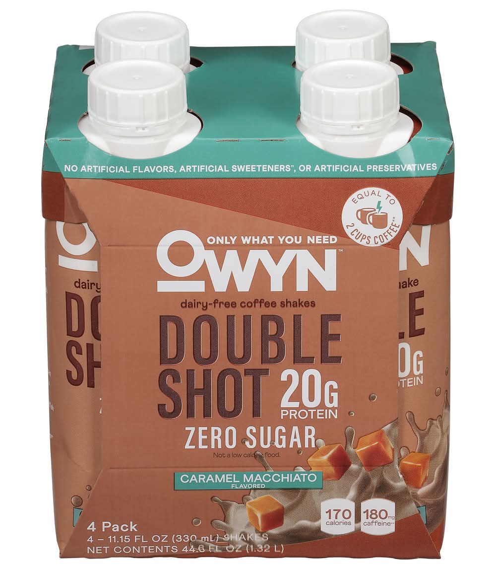 OWYN Zero-Sugar Dairy-Free Double Shot Coffee Shakes, Caramel Macchiato (4 x 11.15 fl oz)