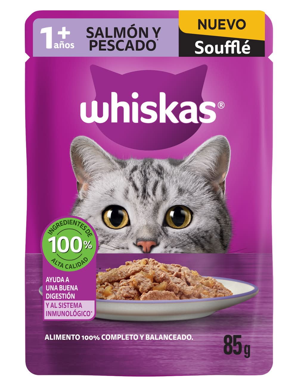 Whiskas · Alimento húmedo souflé de salmón y pescado para gato, salmón-pescado, Adulto (85 g)