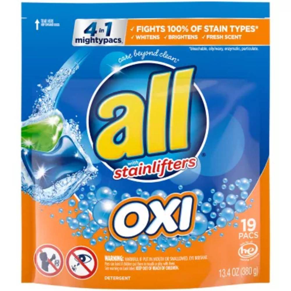 All Mighty Pacs Laundry Detergent, 4-In-1 With Oxi, 19 Ct