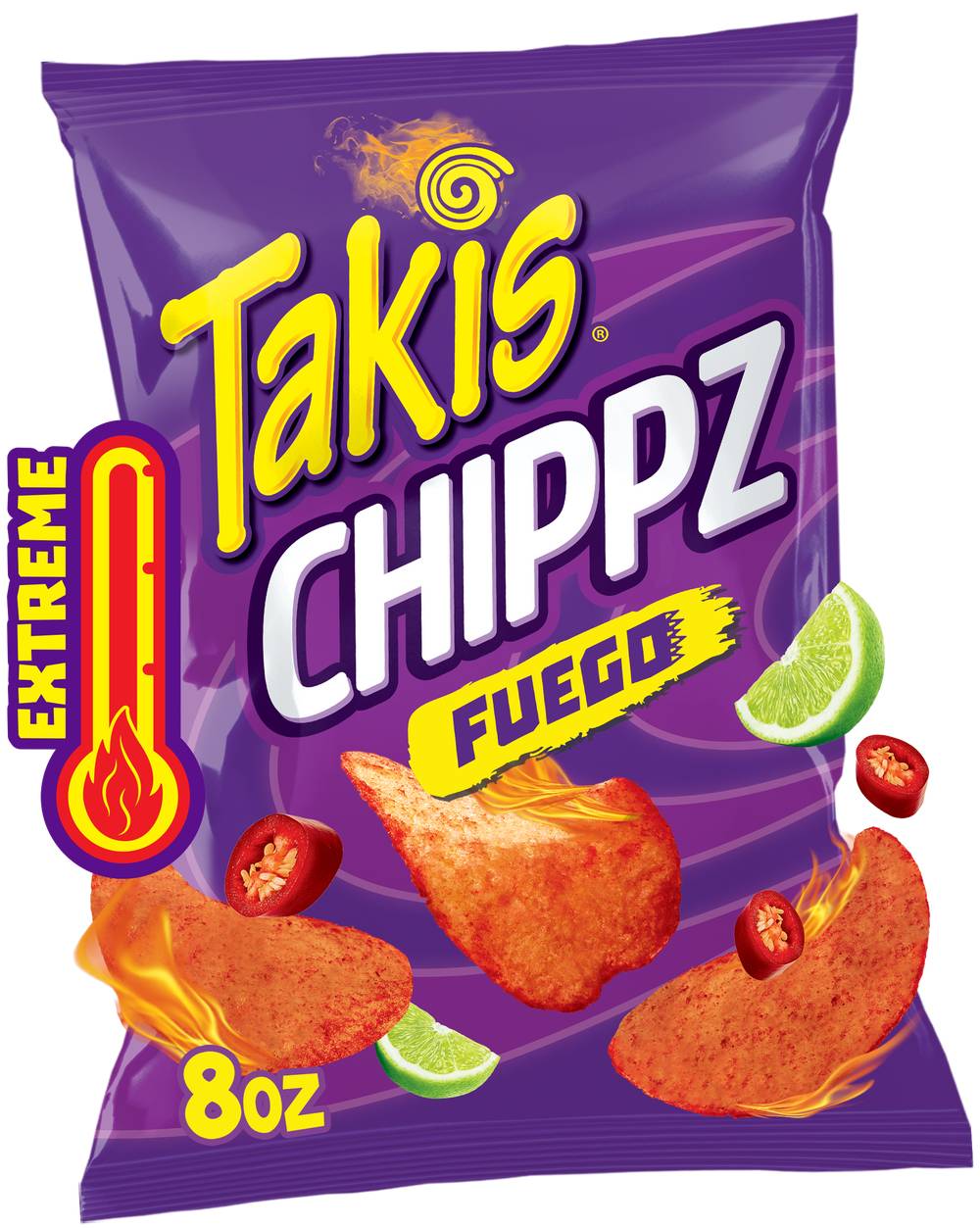 Takis Fuego Chippz Sharing Size Bag, Hot Chili Pepper & Lime Flavored Extreme Spicy Thin-Cut Potato Chips (8 oz)