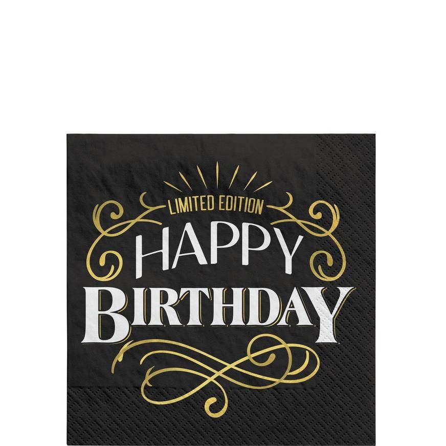 Party City Happy Birthday Paper Beverage Napkins (unisex/5in x 5in/black and gold)