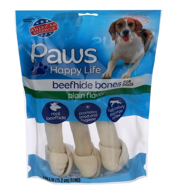 Paws Happy Life Beefhide Bones For Dogs, Plain, 6 in (3 ct)
