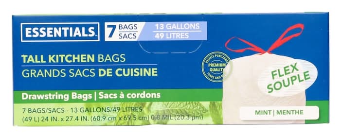 Essentials Flex Drawstring Tall Kitchen Trash Bags 13 Gal, Mint, 60.9x69.5 cm x 20.3 um (7 ct)