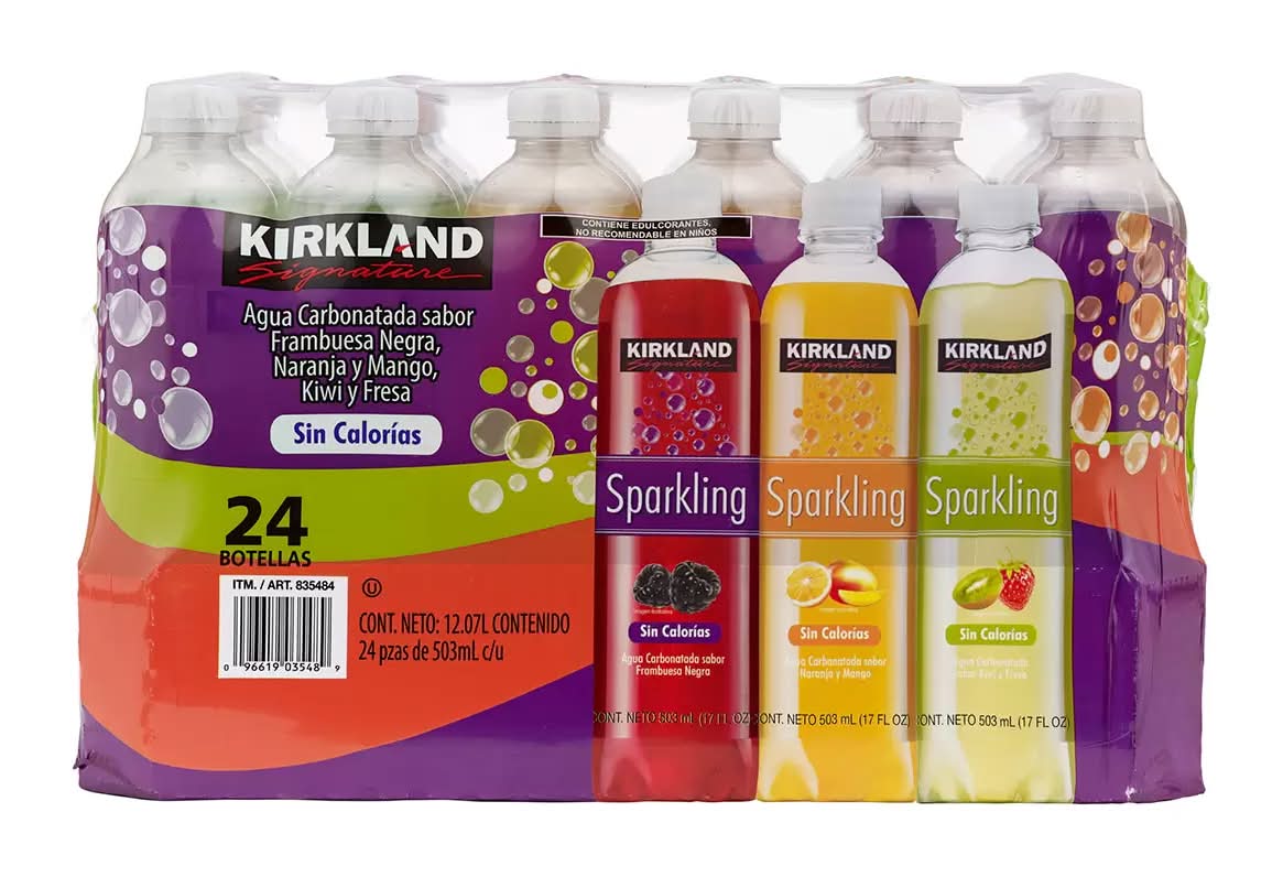 Kirkland Signature · Agua saborizada sparkling zero, black raspberry-orange-mango-kiwi-strawberry (24 x 503 ml)
