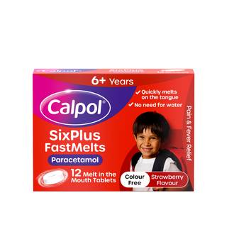 Calpol SixPlus Fastmelts Paracetamol Strawberry Flavour 6+ Years 12 Melt in the Mouth Tablets