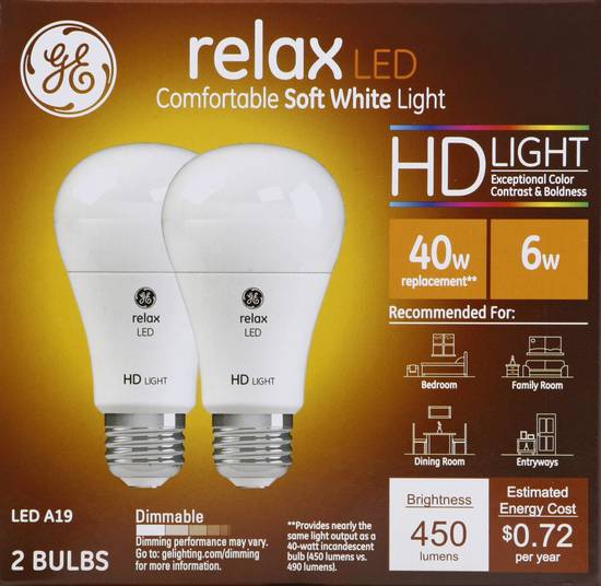 Ge Relax Led Soft White Light 40W/6W 450 Lumens A19 (2 bulbs)