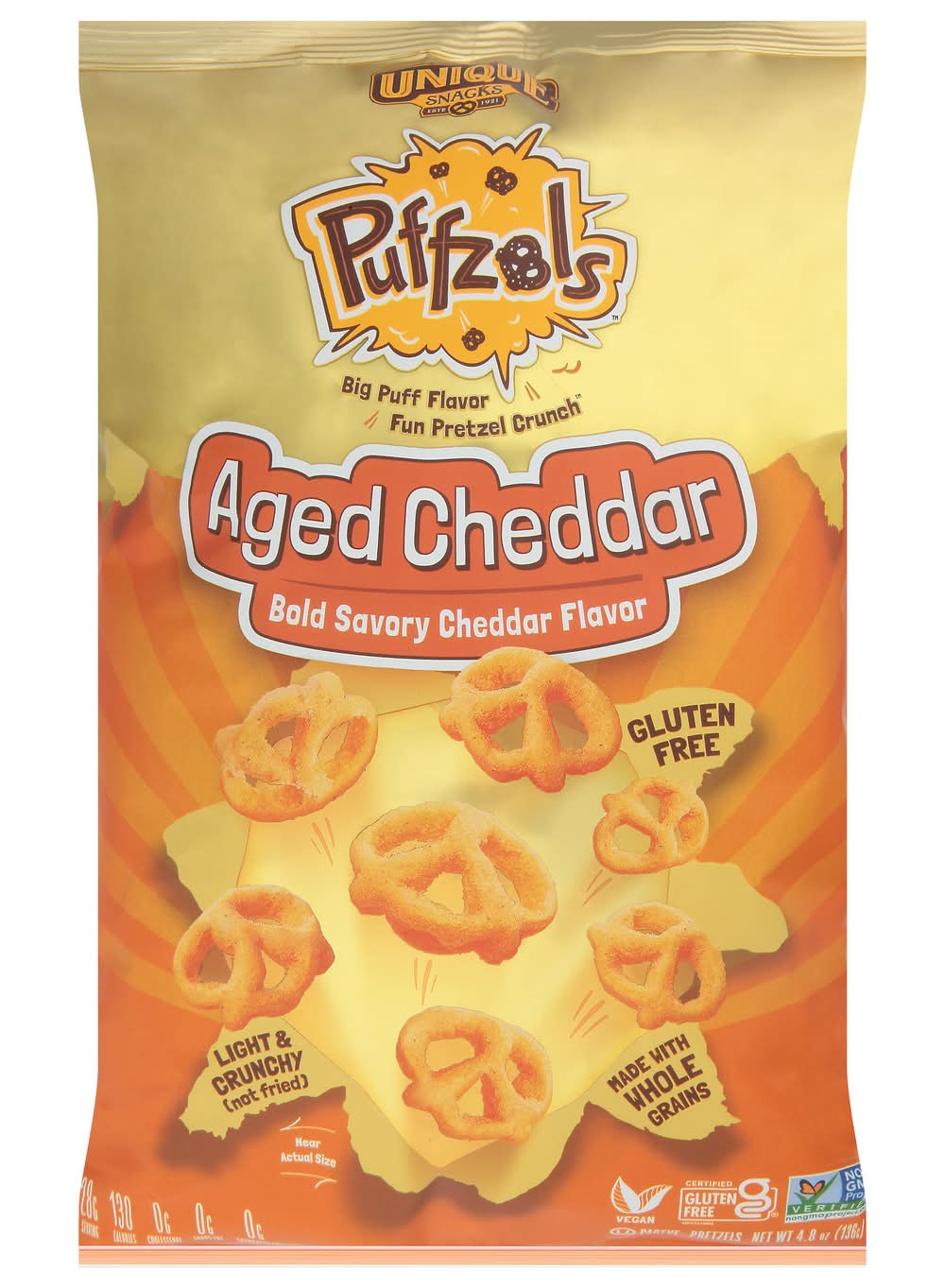 Unique Light & Crunchy Puffzels Pretzels, Aged Cheddar (4.8 oz)