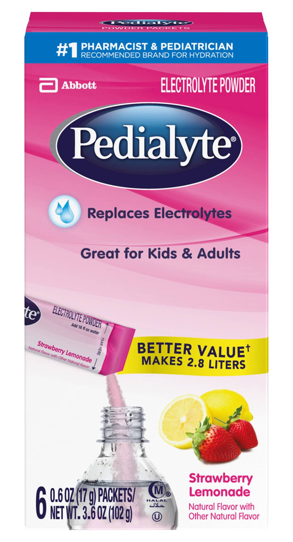 Pedialyte Electrolyte Powder, Strawberry-Lemonade (6 x 0.6 oz)