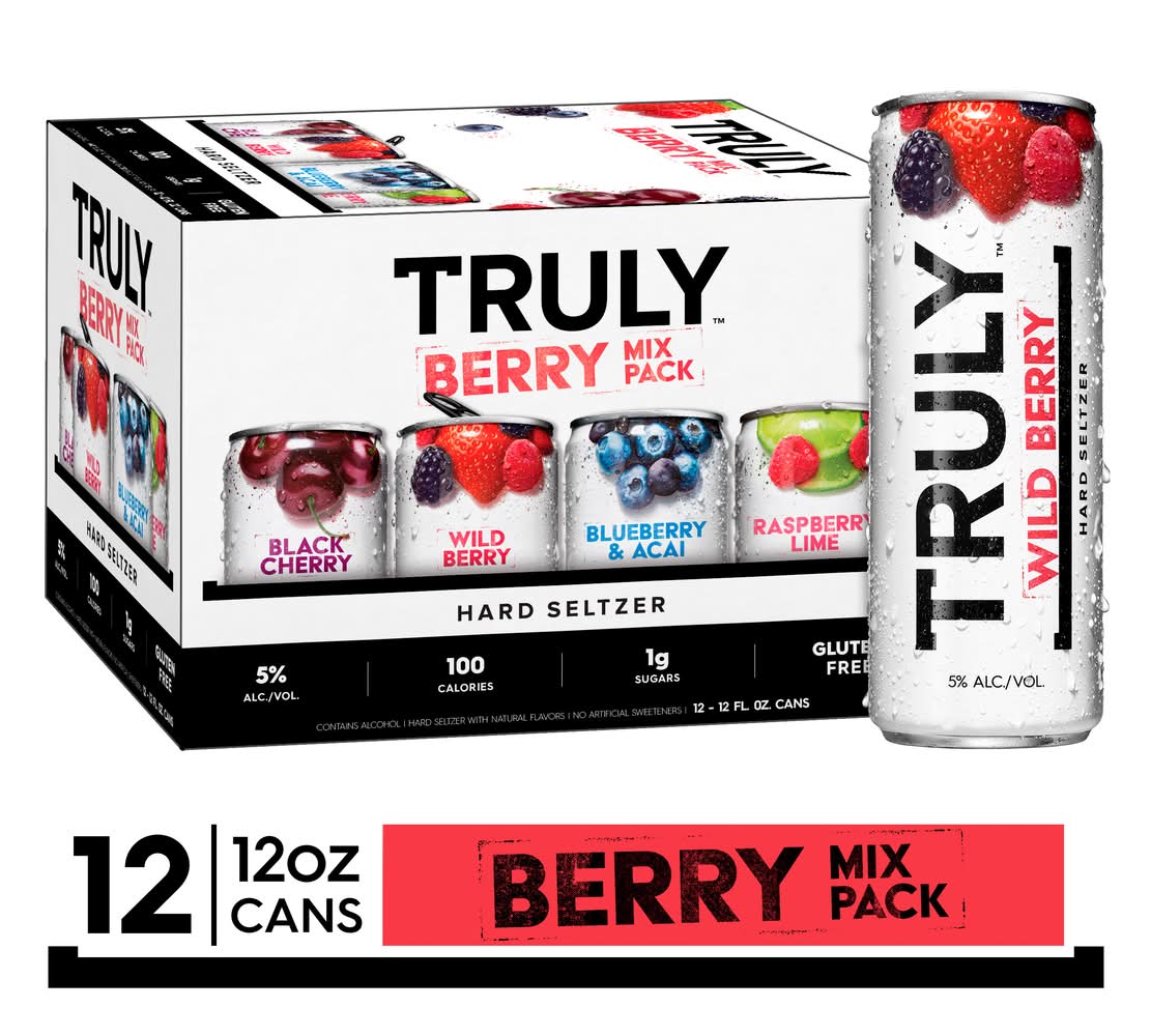 Truly Hard Seltzer Berry Mix pack, Black Cherry-Wild Berry-Blueberry & Acai-Raspberry Lime (12 x 12 fl oz)