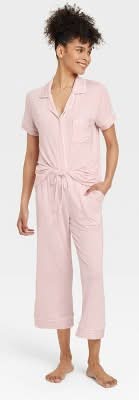 Auden Cloud Knit Short Sleeve Notch Collar Top & Cropped Pants Pajama Set, Women, M, Pink