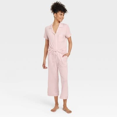 Auden Cloud Knit Short Sleeve Notch Collar Top & Cropped Pants Pajama Set, Women, M, Pink