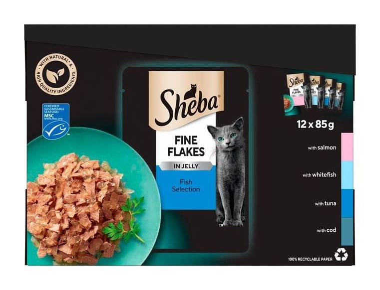 Sheba Fine Flakes Adult Cat Food Pouch Fish Selection In Jelly 12 X 85g (399171)