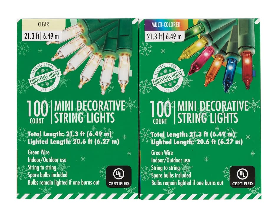 Christmas House Mini Decorative String Lights, 6.49 m, Clear-Multicolored (2 x 100 ct)