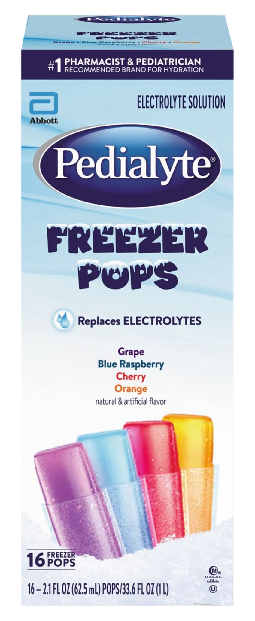 Pedialyte Freezer Pops Variety pack, Grape-Blue Raspberry-Cherry-Orange (16 x 2.1 fl oz)