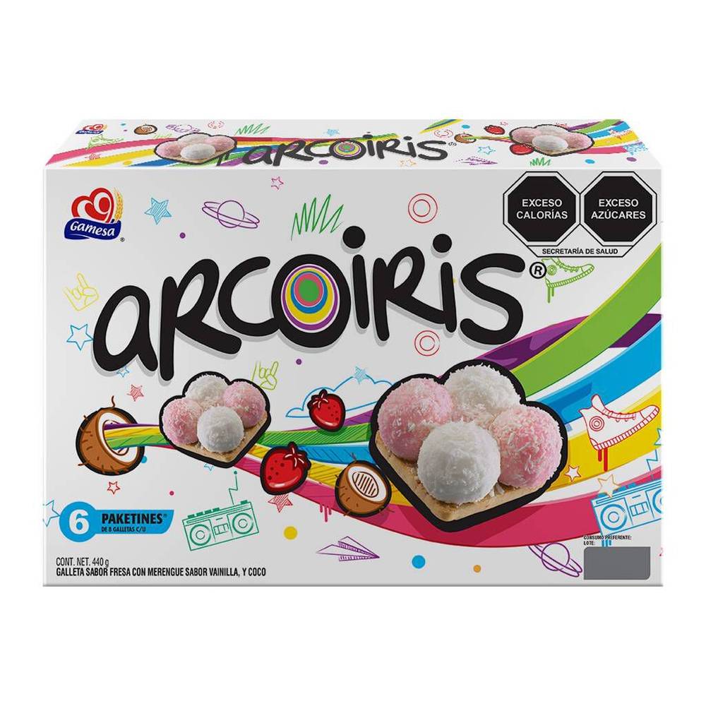 Arcoiris · Galletas con merengue y fresa, vainilla - coco (6 un)