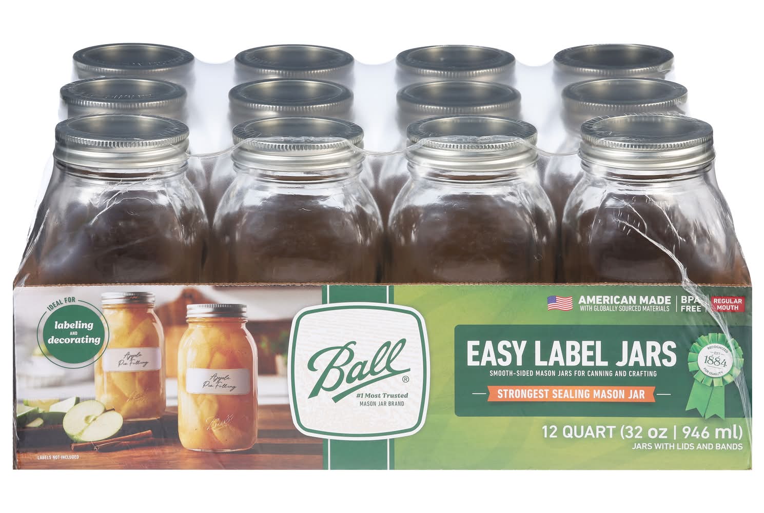 Ball Regular Mouth Strongest Sealing Mason Easy Label Jars With Lids 32 oz (12 ct)