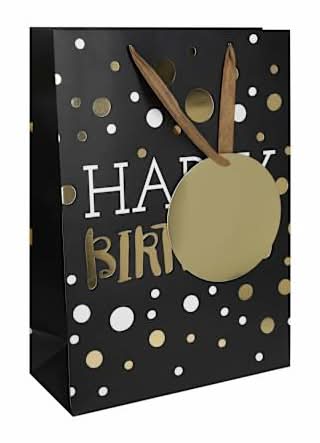Jumbo Happy Birthday Gift Bag Black/Gold Dots