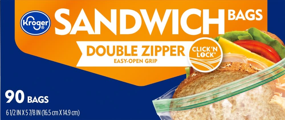 Kroger Double Zipper Sandwich Bags, 6.5x5.875 in (90 ct)