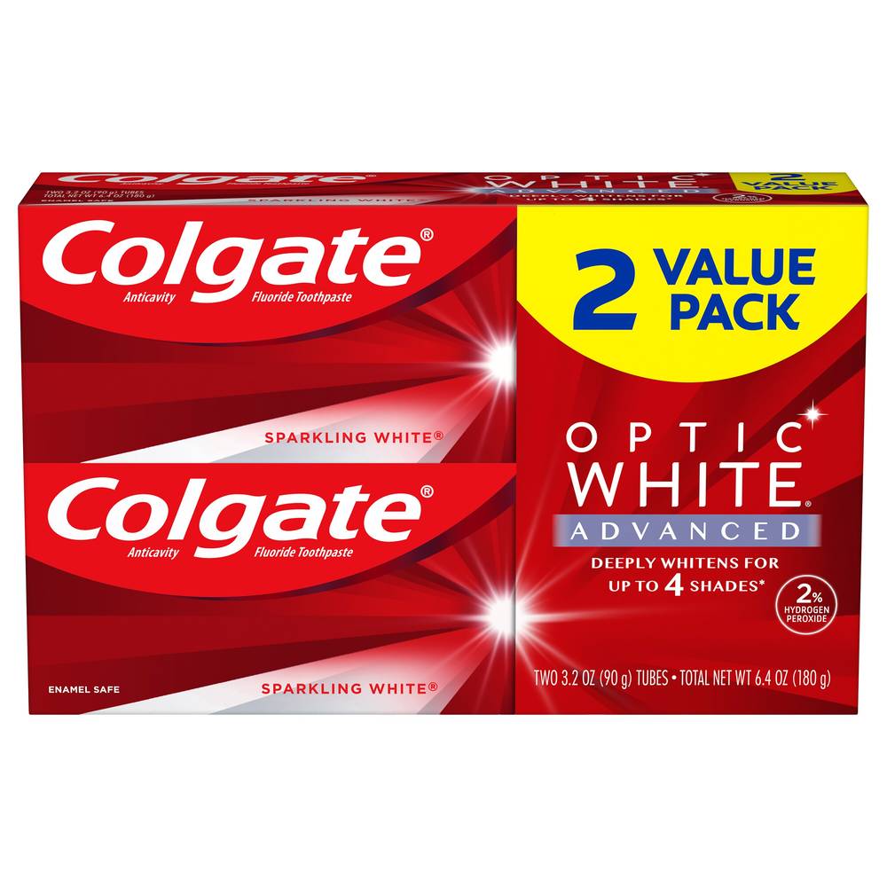 Colgate Optic White Advanced Teeth Whitening Toothpaste, Sparkling White, 3.2 ounce (2 Pack)