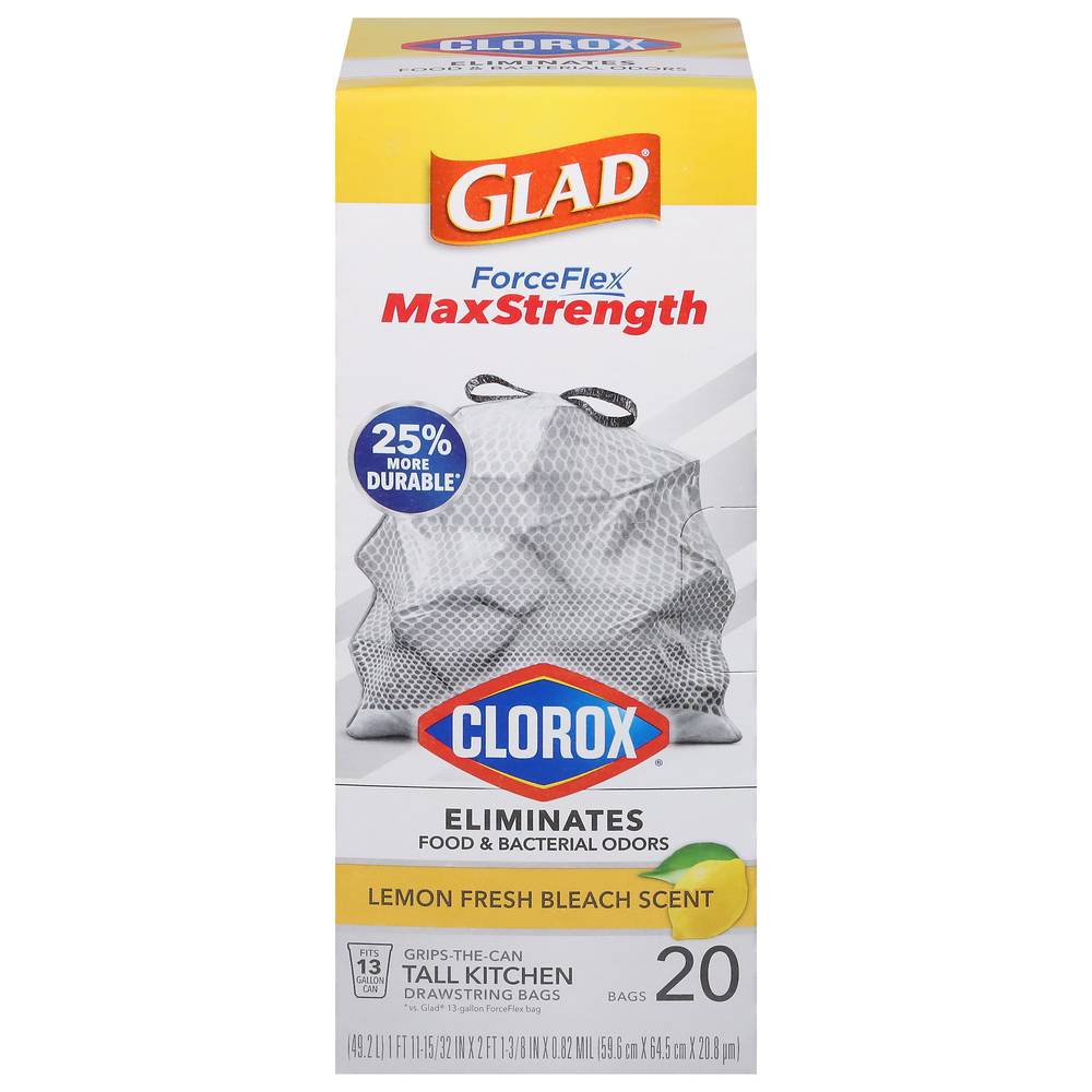 Glad Forceflex Maxstrength With Clorox Tall Kitchen Drawstring Trash Bags Lemon Fresh Bleach Scent