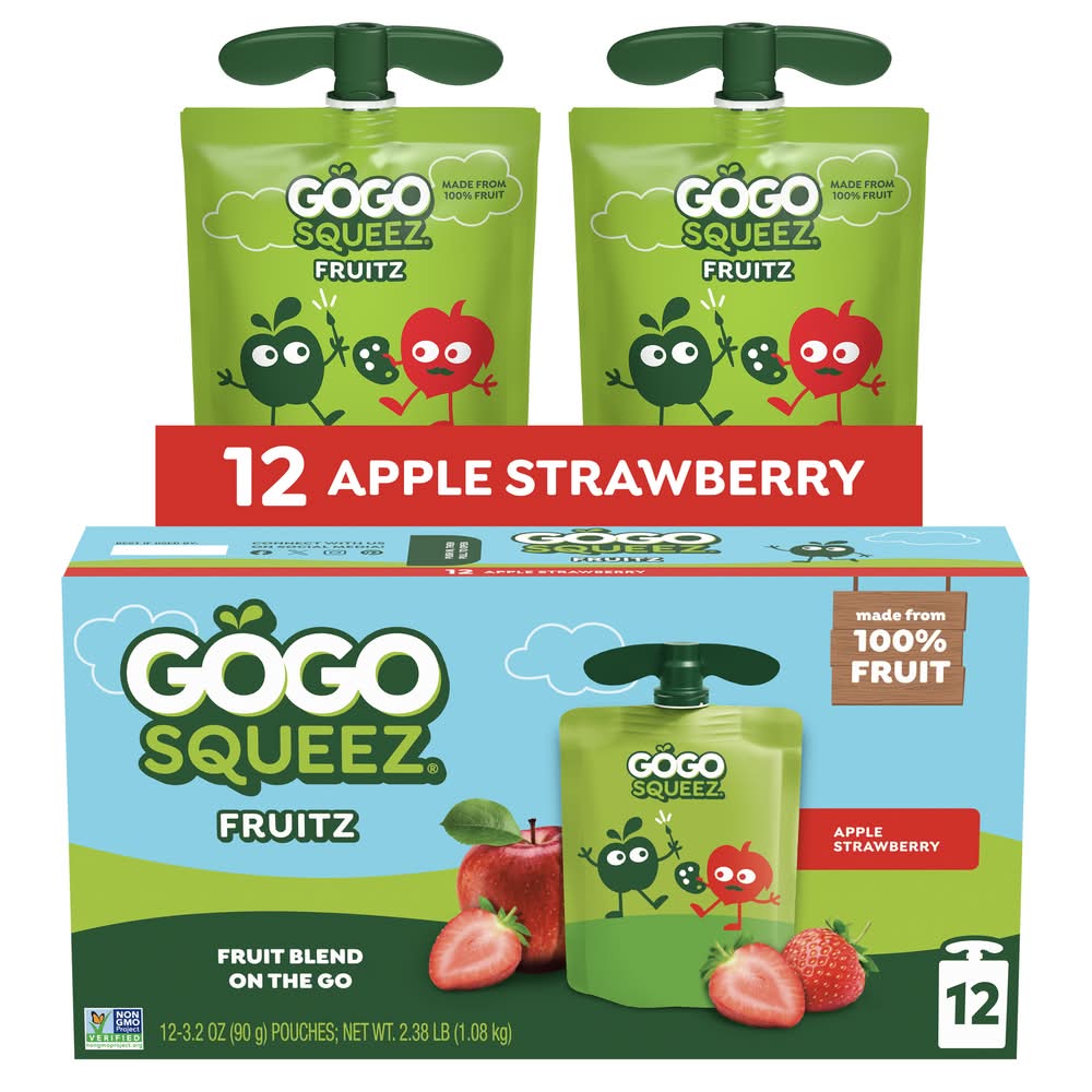 GoGo squeeZ Fruit Blend on the Go Variety pack Pouches, Apple Apple-Apple Strawberry-Apple Banana (12 x 3.2 oz)