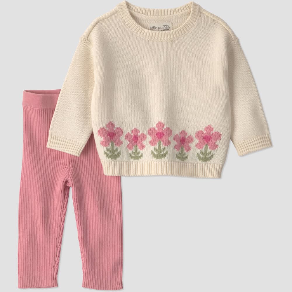 Little Planet By Carter's Baby Girls' 2pc flower sweater and pants set - Cream/pink 6M