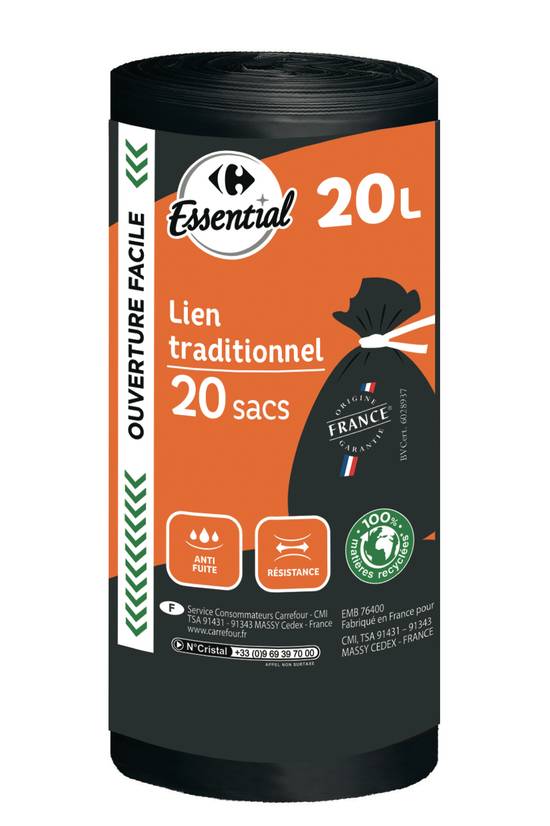 Carrefour Essential - Sacs poubelle à lien traditionnel (20l)