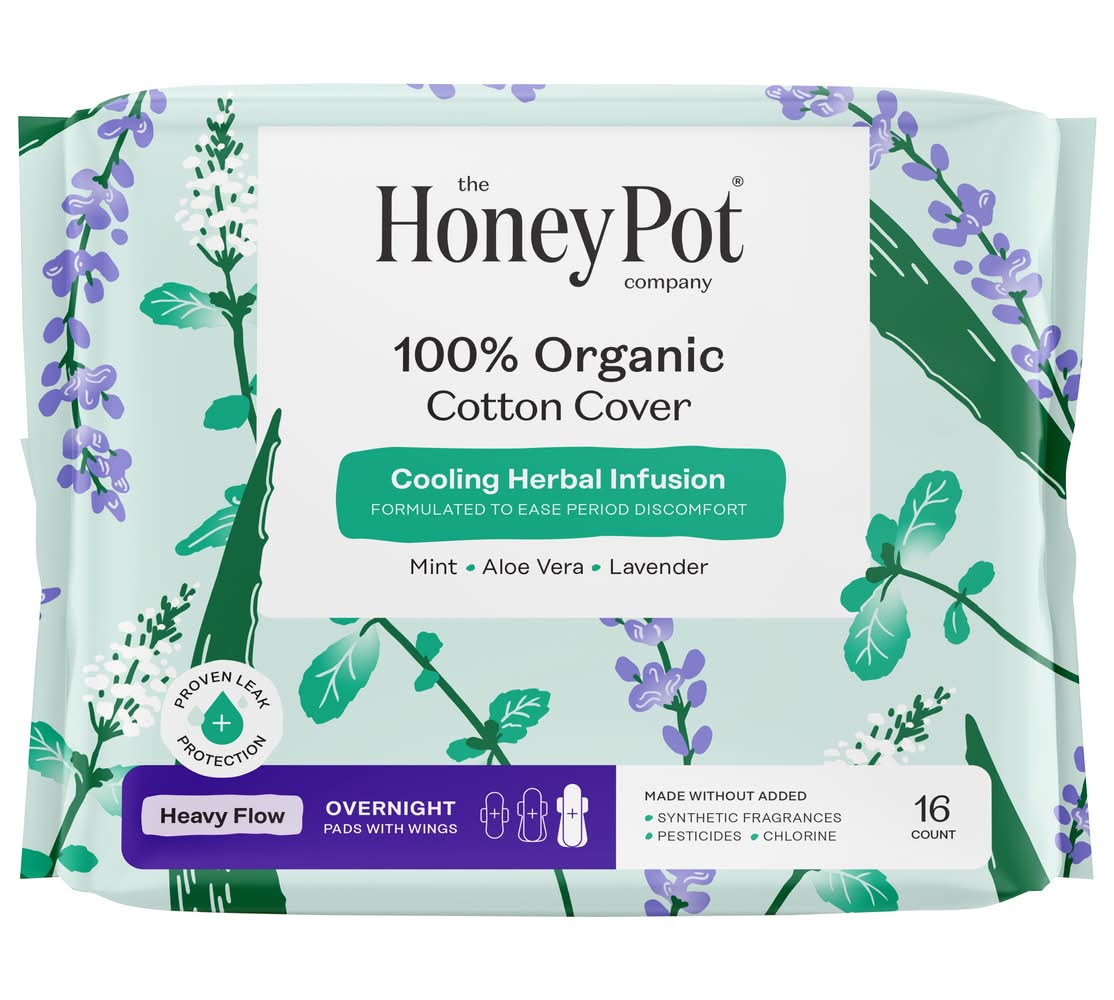 The Honey Pot Cotton Cover Organic Heavy Flow Overnight Pads With Wings, Assorted (16 ct)